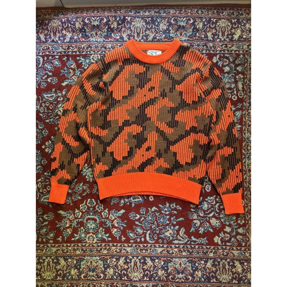 Vintage 80s Duck Bay Orange Camouflage Pattern Knit Sweater L Outdoor Camo